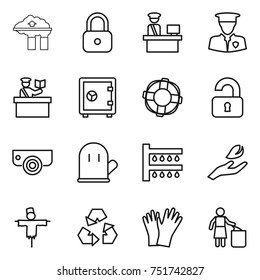 thin line icon set : factory filter, lock, customs control, security man, inspector, safe, lifebuoy, unlocked, surveillance camera, cook glove, watering, hand leaf, scarecrow, recycling, gloves