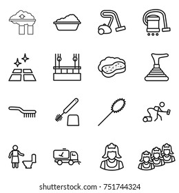 thin line icon set : factory filter, washing, vacuum cleaner, clean floor, skysrcapers cleaning, sponge with foam, plunger, brush, toilet, duster, home call, outsource