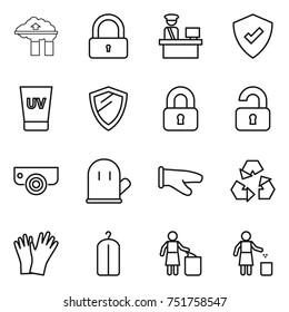 thin line icon set : factory filter, lock, customs control, protected, uv cream, shield, locked, unlocked, surveillance camera, cook glove, recycling, gloves, dry wash, garbage bin