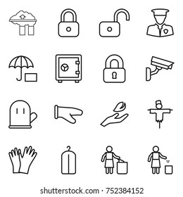 thin line icon set : factory filter, lock, unlock, security man, insurance, safe, locked, surveillance camera, cook glove, hand leaf, scarecrow, gloves, dry wash, garbage bin