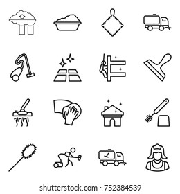 thin line icon set : factory filter, washing, rag, sweeper, vacuum cleaner, clean floor, skyscrapers cleaning, scraper, wiping, house, toilet brush, duster, home call