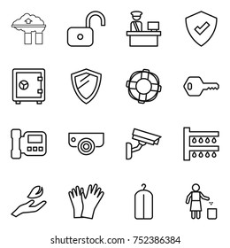 thin line icon set : factory filter, unlock, customs control, protected, safe, shield, lifebuoy, key, intercome, surveillance camera, watering, hand leaf, gloves, dry wash, garbage bin