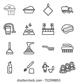 thin line icon set : factory filter, washing, rag, sweeper, vacuum cleaner, clean floor, skysrcapers cleaning, sponge with foam, plunger, brush, toilet cleanser, outsource