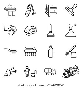 thin line icon set : factory filter, vacuum cleaner, skyscrapers cleaning, scraper, wiping, sponge with foam, plunger, brush, toilet cleanser, home call, outsource