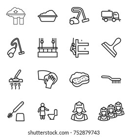 thin line icon set : factory filter, washing, vacuum cleaner, sweeper, skysrcapers cleaning, skyscrapers, scraper, wiping, sponge with foam, brush, toilet, outsource