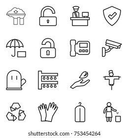 thin line icon set : factory filter, unlock, customs control, protected, insurance, unlocked, intercome, surveillance camera, cook glove, watering, hand leaf, scarecrow, recycling, gloves, dry wash