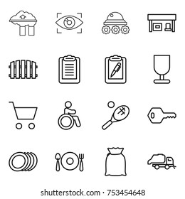 thin line icon set : factory filter, eye identity, lunar rover, gas station, fence, clipboard, pen, fragile, cart, invalid, tennis, key, plates, fork spoon plate, flour, trash truck