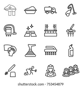 thin line icon set : factory filter, washing, sweeper, vacuum cleaner, clean floor, skysrcapers cleaning, wiping, plunger, brush, toilet cleanser, outsource