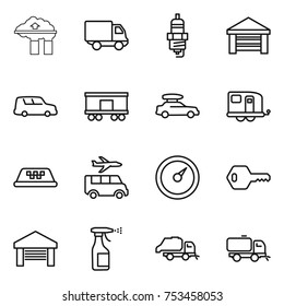 thin line icon set : factory filter, delivery, spark plug, garage, car shipping, railroad, baggage, trailer, taxi, transfer, barometer, key, sprayer, trash truck, sweeper