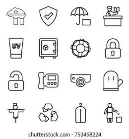 thin line icon set : factory filter, protected, insurance, inspector, uv cream, safe, lifebuoy, locked, unlocked, intercome, surveillance camera, cook glove, scarecrow, recycling, dry wash