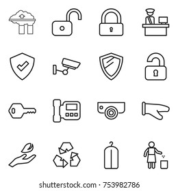thin line icon set : factory filter, unlock, lock, customs control, protected, surveillance, shield, unlocked, key, intercome, camera, cook glove, hand leaf, recycling, dry wash, garbage bin