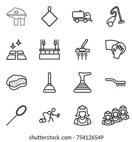 thin line icon set : factory filter, rag, sweeper, vacuum cleaner, clean floor, skysrcapers cleaning, wiping, sponge with foam, plunger, brush, duster, outsource
