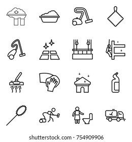 thin line icon set : factory filter, washing, vacuum cleaner, rag, clean floor, skysrcapers cleaning, skyscrapers, wiping, house, toilet cleanser, duster, home call