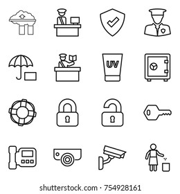 thin line icon set : factory filter, customs control, protected, security man, insurance, inspector, uv cream, safe, lifebuoy, locked, unlocked, key, intercome, surveillance camera, garbage bin