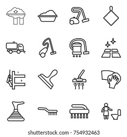 thin line icon set : factory filter, washing, vacuum cleaner, rag, sweeper, clean floor, skyscrapers cleaning, scraper, wiping, plunger, brush, toilet