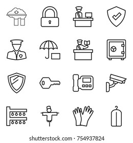 thin line icon set : factory filter, lock, customs control, protected, security man, insurance, inspector, safe, shield, key, intercome, surveillance camera, watering, scarecrow, gloves, dry wash