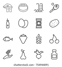 thin line icon set : factory filter, smart bracelet, pool, tennis, vegetable oil, eggs, pasta, potato, fish, berry, spikelets, cherry, harvest, pear, beet, pills bottle