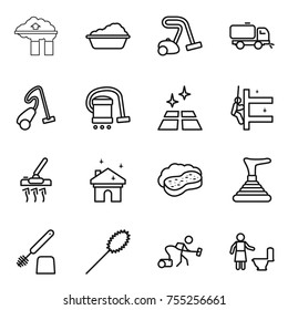thin line icon set : factory filter, washing, vacuum cleaner, sweeper, clean floor, skyscrapers cleaning, house, sponge with foam, plunger, toilet brush, duster