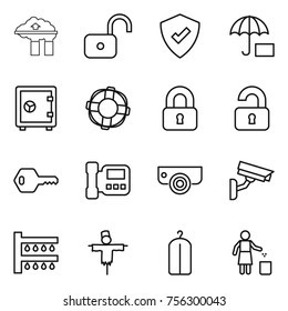 Thin line icon set : factory filter, unlock, protected, insurance, safe, lifebuoy, locked, unlocked, key, intercome, surveillance camera, watering, scarecrow, dry wash, garbage bin