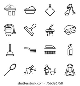 Thin line icon set : factory filter, washing, rag, vacuum cleaner, scraper, sponge with foam, plunger, brush, toilet cleanser, duster, cleaning