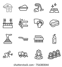 Thin line icon set : factory filter, washing, vacuum cleaner, clean floor, skysrcapers cleaning, skyscrapers, wiping, sponge with foam, plunger, brush, toilet cleanser, home call, outsource
