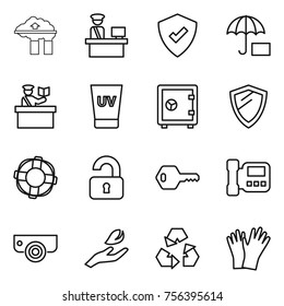 Thin line icon set : factory filter, customs control, protected, insurance, inspector, uv cream, safe, shield, lifebuoy, unlocked, key, intercome, surveillance camera, hand leaf, recycling, gloves