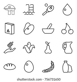 Thin line icon set : factory filter, pool, tennis, drop, cereals, beans, mortar, cherry, harvest, corn, pear, jug, bread, egg, peas, shampoo