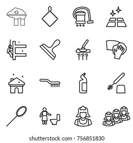 Thin line icon set : factory filter, rag, vacuum cleaner, clean floor, skyscrapers cleaning, scraper, wiping, house, brush, toilet cleanser, duster, outsource
