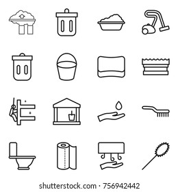 Thin line icon set : factory filter, bin, washing, vacuum cleaner, trash, bucket, sponge, skyscrapers cleaning, utility room, hand and drop, brush, toilet, paper towel, dryer, duster