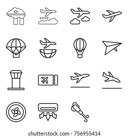 Thin line icon set : factory filter, weather management, journey, plane, parachute delivery, shipping, air ballon, deltaplane, airport tower, ticket, departure, arrival, cooler fan, conditioning