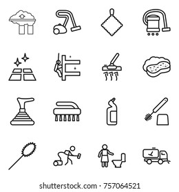 Thin line icon set : factory filter, vacuum cleaner, rag, clean floor, skyscrapers cleaning, sponge with foam, plunger, brush, toilet cleanser, duster, home call