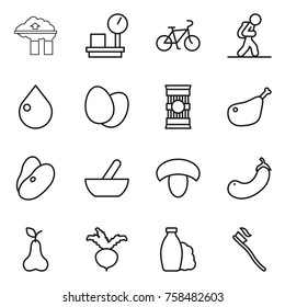 Thin line icon set : factory filter, warehouse scales, bike, tourist, drop, eggs, pasta, chicken leg, beans, mortar, mushroom, eggplant, pear, beet, shampoo, tooth brush