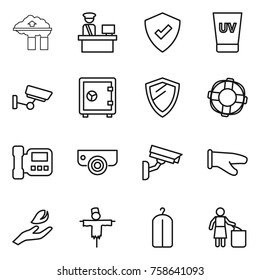 Thin line icon set : factory filter, customs control, protected, uv cream, surveillance, safe, shield, lifebuoy, intercome, camera, cook glove, hand leaf, scarecrow, dry wash, garbage bin