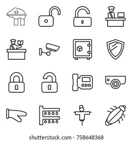 Thin line icon set : factory filter, unlock, customs control, inspector, surveillance, safe, shield, locked, unlocked, intercome, camera, cook glove, watering, scarecrow, bug