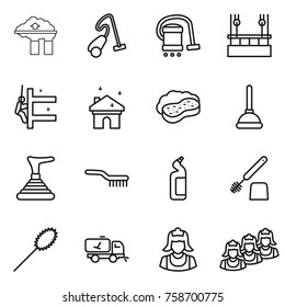 Thin line icon set : factory filter, vacuum cleaner, skysrcapers cleaning, skyscrapers, house, sponge with foam, plunger, brush, toilet cleanser, duster, home call, outsource