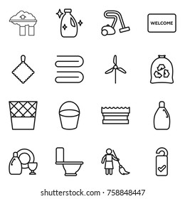 Thin line icon set : factory filter, cleanser, vacuum cleaner, welcome mat, rag, towel, windmill, garbage bag, trash bin, bucket, sponge, dish, toilet, brooming, please clean