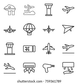 Thin line icon set : factory filter, weather management, airport tower, plane, parachute delivery, deltaplane, ticket, airplane, departure, arrival, air conditioning, hair dryer, hand