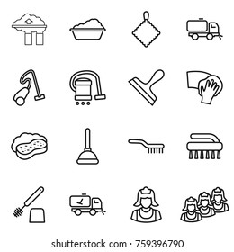 Thin line icon set : factory filter, washing, rag, sweeper, vacuum cleaner, scraper, wiping, sponge with foam, plunger, brush, toilet, home call cleaning, outsource