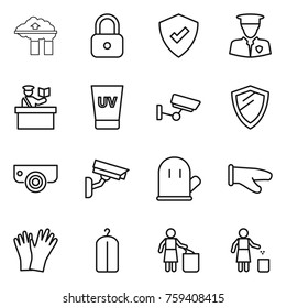 Thin line icon set : factory filter, lock, protected, security man, inspector, uv cream, surveillance, shield, camera, cook glove, gloves, dry wash, garbage bin