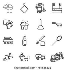 Thin line icon set : factory filter, rag, vacuum cleaner, skysrcapers cleaning, wiping, house, plunger, brush, toilet cleanser, duster, home call, outsource
