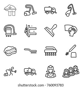 Thin line icon set : factory filter, vacuum cleaner, sweeper, skyscrapers cleaning, scraper, wiping, sponge with foam, brush, toilet, home call, outsource