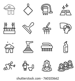 Thin line icon set : factory filter, rag, vacuum cleaner, clean floor, skysrcapers cleaning, scraper, wiping, house, plunger, brush, toilet cleanser, outsource