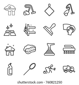 Thin line icon set : factory filter, vacuum cleaner, rag, clean floor, skyscrapers cleaning, scraper, wiping, house, sponge with foam, plunger, brush, toilet cleanser, duster, home call