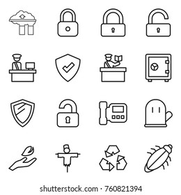 Thin line icon set : factory filter, lock, unlock, customs control, protected, inspector, safe, shield, unlocked, intercome, cook glove, hand leaf, scarecrow, recycling, bug