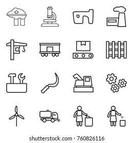 Thin line icon set : factory filter, microscope, slum, tower crane, railroad shipping, transporter tape, pallet, repair tools, sickle, harvester, gears, windmill, sweeper, garbage bin