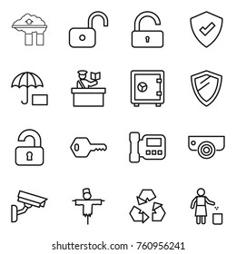 Thin line icon set : factory filter, unlock, protected, inspector, safe, shield, unlocked, key, intercome, surveillance camera, scarecrow, recycling, garbage bin