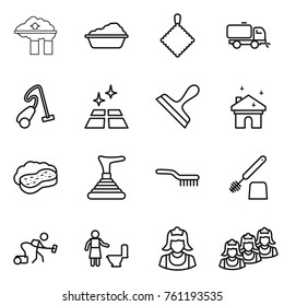 Thin line icon set : factory filter, washing, rag, sweeper, vacuum cleaner, clean floor, scraper, house cleaning, sponge with foam, plunger, brush, toilet, outsource