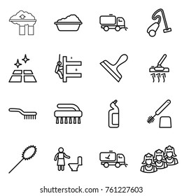 Thin line icon set : factory filter, washing, sweeper, vacuum cleaner, clean floor, skyscrapers cleaning, scraper, brush, toilet cleanser, duster, home call, outsource