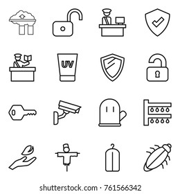 Thin line icon set : factory filter, unlock, customs control, protected, inspector, uv cream, shield, unlocked, key, surveillance camera, cook glove, watering, hand leaf, scarecrow, dry wash, bug