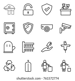 Thin line icon set : factory filter, unlock, protected, inspector, safe, shield, surveillance camera, cook glove, watering, hand leaf, scarecrow, recycling, dry wash, garbage bin